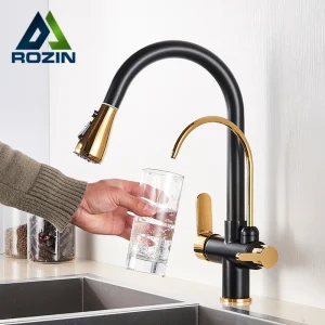 Black and Golden Filtered Crane For Kitchen Pull Out Sprayer