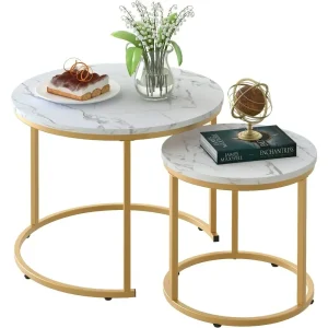 Coffee Table Nesting White Set of 2 Side Set Golden Frame Circular